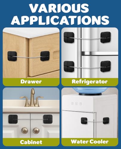 Image of Maveek 4 Child Safety Fridge Lock, Childproof Lock for Cabinets and Drawers | Dual-Button Refrigerator Door Locks, Toilet, Closet, Dresser, Baby Proofing Latch, No Drill, Keyless, Strong Adhesive (Black)