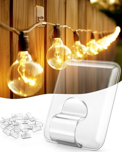LZC Hooks for Outdoor String Lights Clips: 20 Pack Large Clear Rectangle Outdoor Light Clips Waterproof Adhesive Strips - Detailed View
