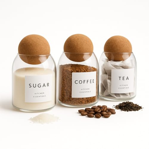 Livabl Tea Coffee and Sugar Canisters Set - Set of 3 Unique Cork Ball 500ml Glass Jars - Perfect Sugar Tea Coffee Set Organiser