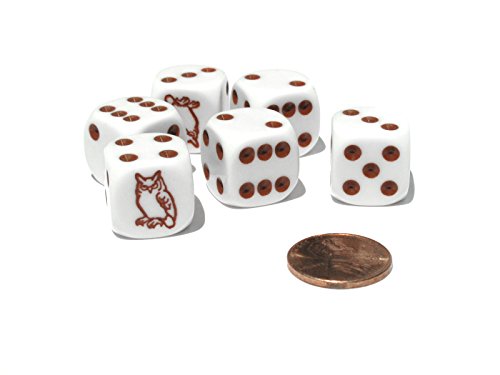 Set of 6 Owl 16mm D6 Round Edged Koplow Animal Dice - White with Brown Pips