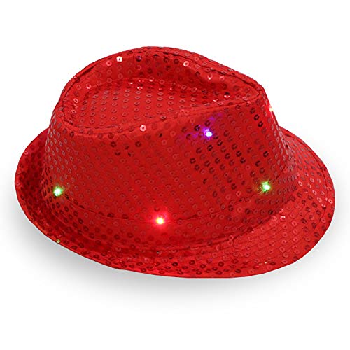 BEARCOLO Femmes Hommes LED Clignotant Chapeau de Cowboy, lumière vive à Paillettes Fedora Chapeau Paillettes Chapeaux Fantaisie pour Adultes Costume de fête 58cm Red Cover