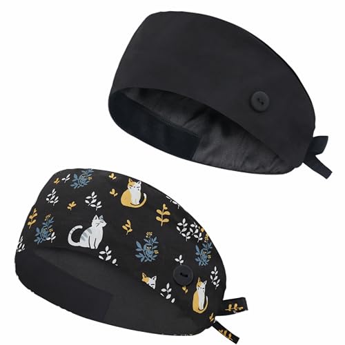 Image of Adjustable Scrub Cap with Button, Satin-Lined Cotton Scrub Hat Sweatband, Elastic Working Hat Unisex, One Size