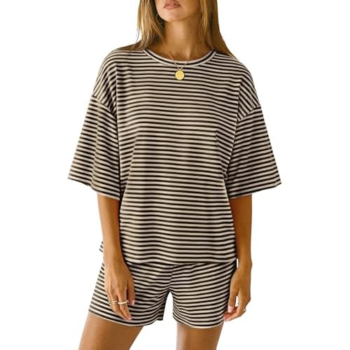 LOMON Two Piece Sets for Women Summer 3/4 Sleeve Tops and Elastic Waist Shorts Pajamas Cute Comfy Soft Lounge Striped Pjs Apricot Black Striped Medium