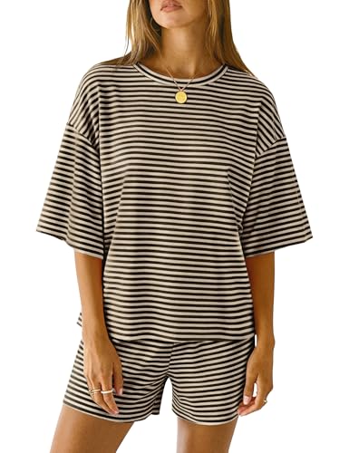 LOMON Pijamas De Mujer De Algodon Two Piece Short Pjs Lounge Home Cute Lounge Casual Sleepwear (Apricot Black Striped M)