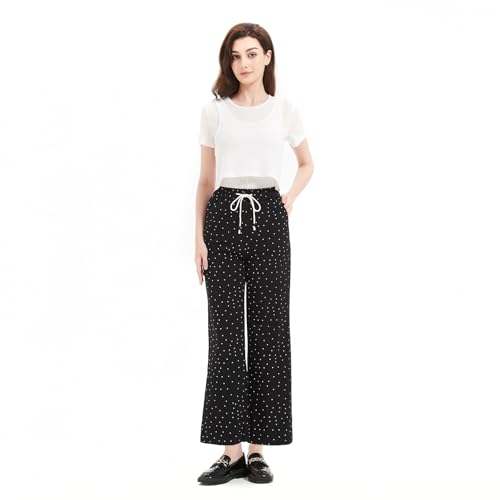 Womens High Waist Wide Leg Pants Polka Dot Summer Pull-On Lounge Travel Casual Lightweight Trousers