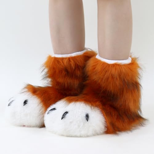 Image of Animal Fuzzy Slippers Bear Cat Wolf Dog Fox Fursuit Feet Paw Claw Shoes Furry Boots Costume Accessories for Adult Kids