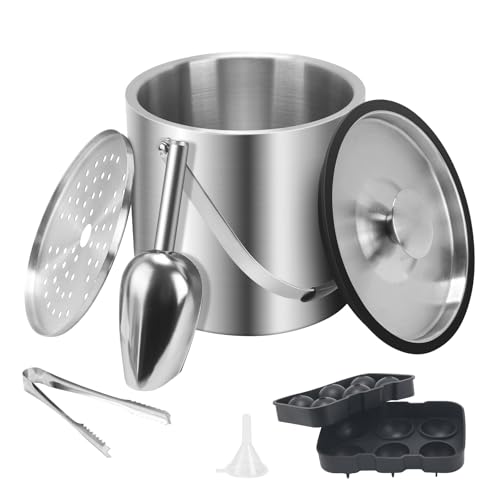 VirtuGro 4L Ice Bucket with Lid and Tongs, Stainless Steel Ice Bucket with Scoop, Strainer, Round Ice Cube Moulds, Large Insulated Ice Buckets for for Parties, Bars, Restaurant, Wedding, Garden, Home