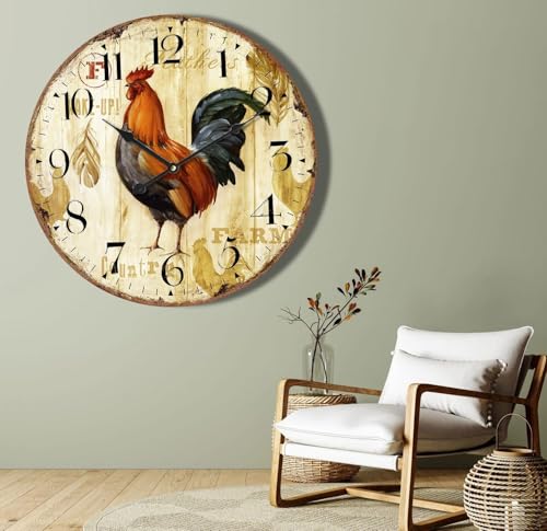Eruner Round Wall Clock 24 Inch Farmhouse Wall Clock Battery Operated Antique Style Kitchen Clock, Rooster Vintage Wood Wall Clock for Living Room Kitchen Decor