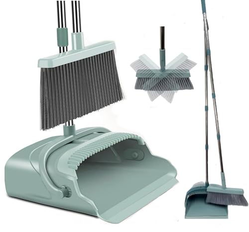 SWISSPACK Broom and Dustpan Set for Home, Dust pan with Long Handle, Broom with Dustpan Combo Set, for Home Kitchen Room Office Lobby Floor Use Upright Stand Up Sweeping (Green)