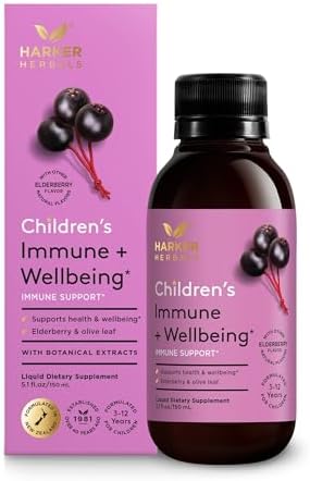Children’s Immune + Wellbeing Herbal Syrup, Daily Immunity with Elderberry, Echinacea & Olive Leaf, High Absorption, Elderberry Flavor, Plant-Based – 5.1 Fl oz (30 Servings)