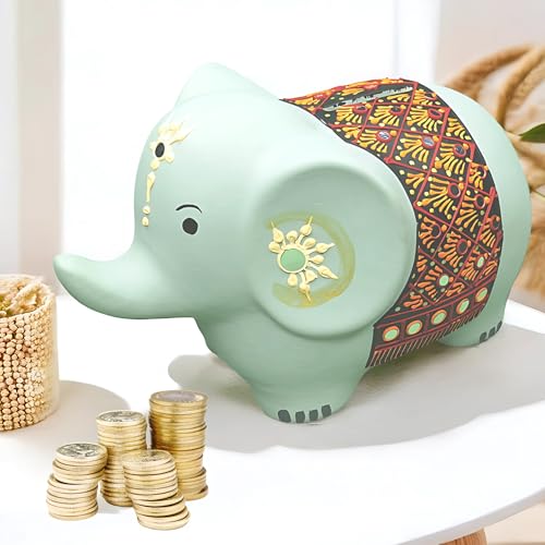 Image of Potter's Magic Ceramic Hand Painted Elephant Piggy Bank with Lock | Modern Lucky Money Bank | Piggy Bank for Womens | Mitti Ka Gullak | kiddy Bank for Boys & Girls (Without Glaze)