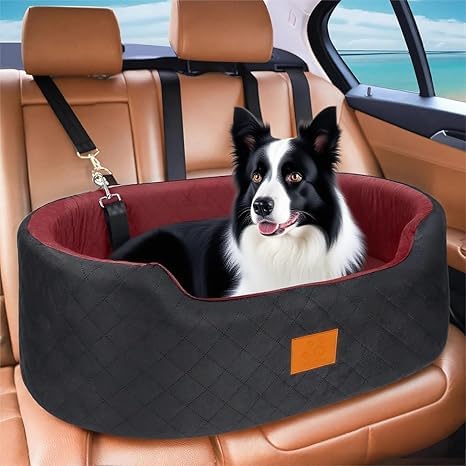 Hundeautositz für große/mittelgroße Hunde unter 25 kg, Reisebett mit dickem, waschbarem Booster mit rutschfester Unterseite, passend für SUV & Auto-Rücksitz (Schwarz/Rot)