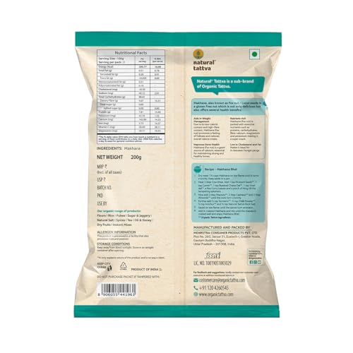 Image of ORGANIC TATTVA Makhana (Fox Nuts) 200 G Pack - Natural & Gluten-Free,Healthy Snack,Rich In Protein & Fiber|Ideal For Roasting,Snacking,& Cooking (Pack of 2)