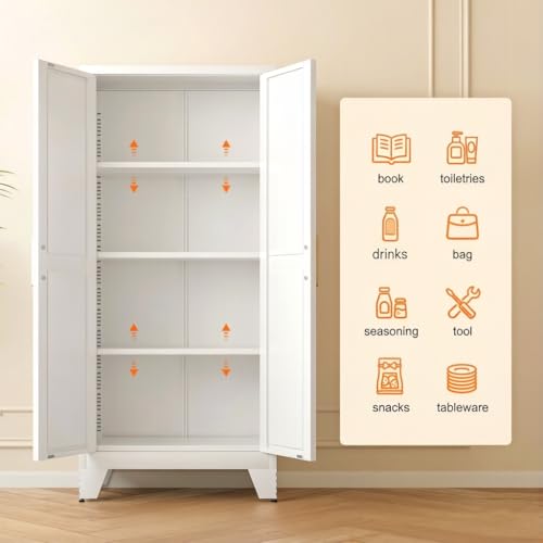 Image of LCAOPC 61 inch Tall Metal Storage Cabinet with 2 Doors and 3 Adjustable Shelves, 4-Tier Kitchen Pantry Storage Cabinet for Kitchen, Living Room, Dining Room and Office, White