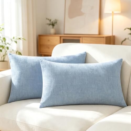 Image of CaliTime Pack of 2 Cozy Bolster Pillow Covers Cases for Couch Sofa Home Decoration Solid Dyed Soft Chenille 12 X 20 Inches Baby Blue