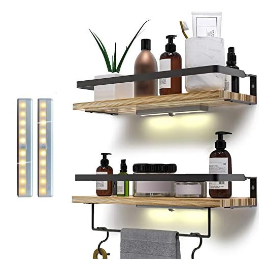 EAVA Floating Shelves, Lighted Wall Mounted Shelves,Paulownia Wood Wall Storage Shelves for Bathroom, Kitchen and Bedroom,Set of 2 with Removable Towel Holder and Hooks.