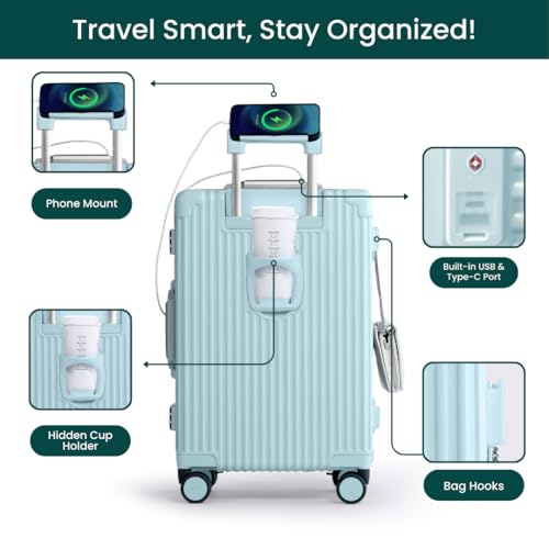 NOBL Travel Carry On Luggage, Noble Zipperless Aluminum Frame PC Hard Shell Suitcase, 20.8"x15"x8.7" Airline Approved, 360° Spinner Wheels, TSA Locks, USB Charging Port, Cup & Phone Holder - Baby Blue3