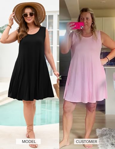 Image of JollieLovin Women Plus Size Curvy Summer Tank Sun Dresses Sleeveless Causal T-Shirt Dress Beach Swing Cover up(L-5X)