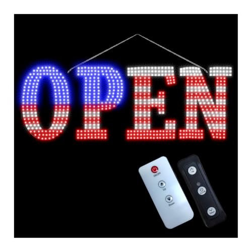 USA Flag 30"x10" Large LED Open Signs for Business with Remote Controlled, 10 Levels Brightness Adjustable Unique Design Super Bright with Chain, High Visibility for Store Bar Hotel Retail Shop
