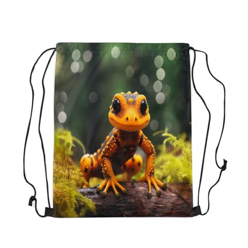 Erosebridal 3D Lizard Print Drawstring Backpack,Reptile Animal Drawstring Bags 13x15.7,Black Yellow Wildlife Draw String Back Bag Foldable,Woodland Plants String Backpack for Traveling3