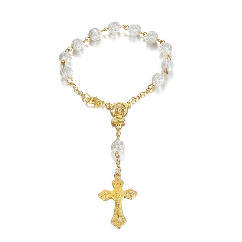 BOBIJOO JEWELRY - Mini Chapelet Voiture Camion Bracelet Marie Vierge Croix Pendentif Or et Roses blanches