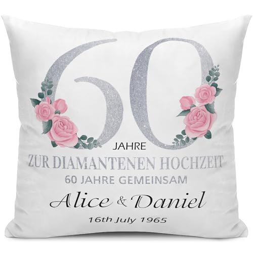 Personalisiertes Kissen zur Diamantenen Hochzeit &ndash; 60 Jahre Ehe Geschenk f&uuml;r Paare oder Eltern &ndash; Mit Namen & Datum individuell gestaltbar &ndash; Dekokissen zum Hochzeitsjubil&auml;um