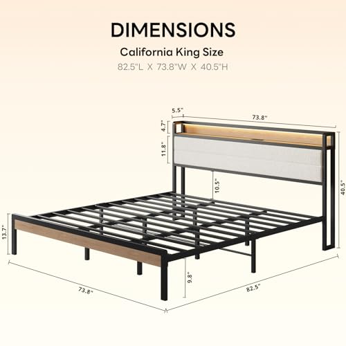 Image of LIKIMIO California King Bed Frame with Storage Headboard and LED Lights, Metal Platform Bed with Charging Station, Noise Free, No Box Spring Needed, Under Bed Storage, Natural and Cream
