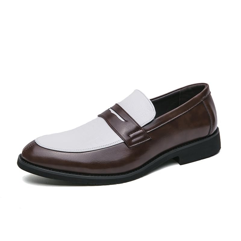 Dress Shoes for Men Slip On Round Toe PU Leather Two Tone Penny Loafers Block Heel Rubber Sole Slip Resistant Casual