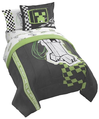 Jay Franco Minecraft Creeper Twin Comforter Set - 5 Piece Bedding Includes Sheet Set & Pillow Covers - Super Soft Gren & Gray Bedding
