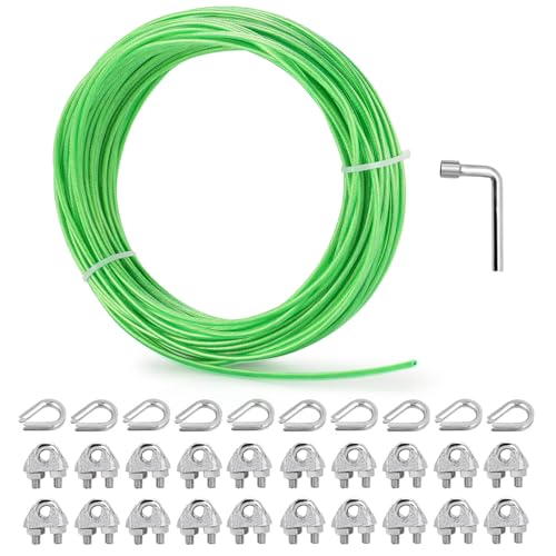hannger d'acier Câble d'acier enduit de PVC de 30M, Câble métallique idéal pour soutenir les plantes grimpantes, Décoration d'extérieur de la cour, du...