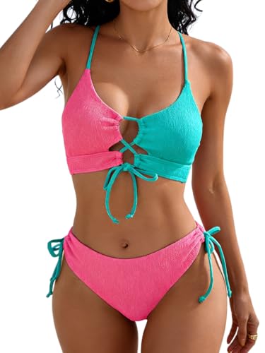 B2prity Women's Sexy Bikini Set Color Block Lace Up 2 Piece Bathing Suit Tie Side Swimsuit