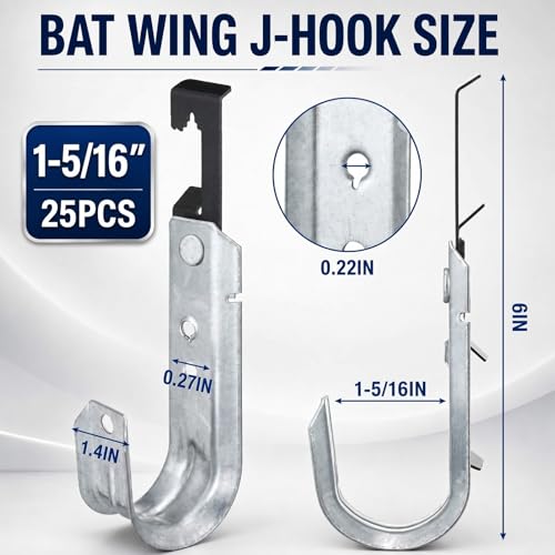 Image of Zonon 25 Pcs J Hooks for Hanging Metal J Hook Hangers Cable Support with Bat Wing Heavy Duty G60 Galvanized Steel Cable Hooks for Attaching Ceiling Wire Threaded Rod (1-5 /16 Inch)