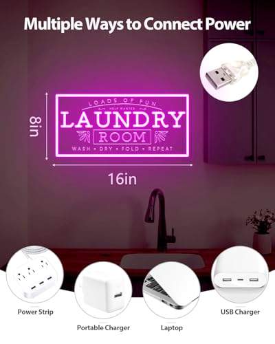 Image of Laundry Neon Sign for Laundry Room, USB Powered Pink Loads Of Fun LED Neon Light, Acrylic Wall Decor Hanging Laundry Sign For Home Business Laundry room Bathroom Farmhouse Gift