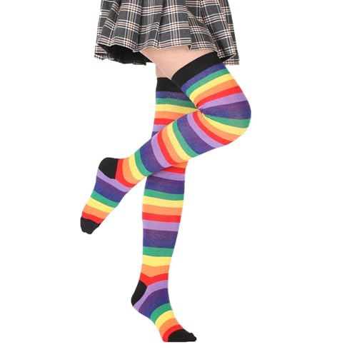 Image of Womens Thigh High Socks Athletic Stripe Cute Colorful Over the Knee High Sock Colorful Long Tube Sock