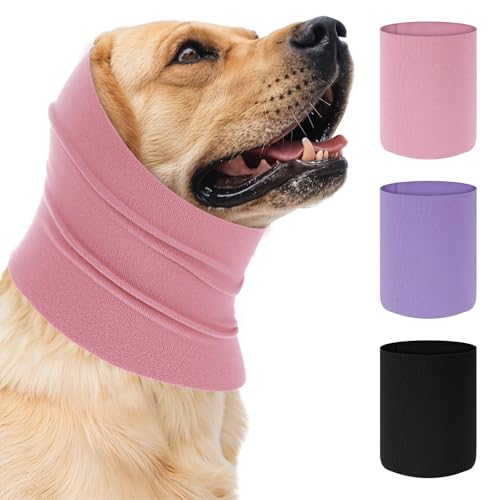 Image of oruola 3pcs Ear Covers for Dogs, Cotton Dog Ear Wrap, Soft,Breathable and Warm Ears Wraps for Dog, for Noise Grooming Anxiety Calming (Black, Purple, Pink)