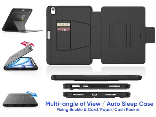 SEYMAC stock for iPad Air 11 inch Case 2024/2025 (M2/M3), Shockproof Cover with Pencil Holder, [Multi-angle] Magnetic Stand & Card Slot, Auto Sleep/Wake Smart Case for iPad Air 6th/7th Gen, Black