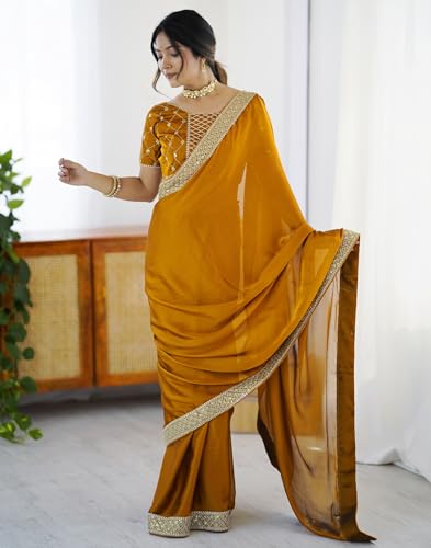 Image of SIRIL Women's Chiffon Sequence Embroidery Lace Saree with Unstitched Blouse Piece