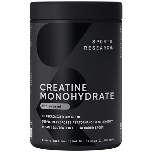 Sports Research Creatine Monohydrate - Gain Lean Muscle, Improve Performance and Strength and Support Workout Recovery* - 5 g Micronized Creatine - 17.64 oz