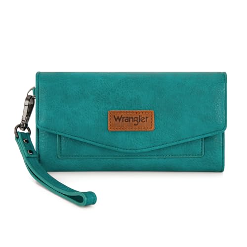 Image of Montana West X Wrangler Wrist Wallets for Women Ladies Female Large Card Cases & Money Organizers Trifold Clutch with Rfid Lining and Wrist Strap Turquoise