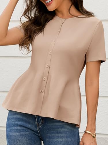 Image of Saodimallsu Womens Short Sleeve Cardigans Ruffle Button Down Crew Neck Peplum Babydoll Knit Sweater Tops