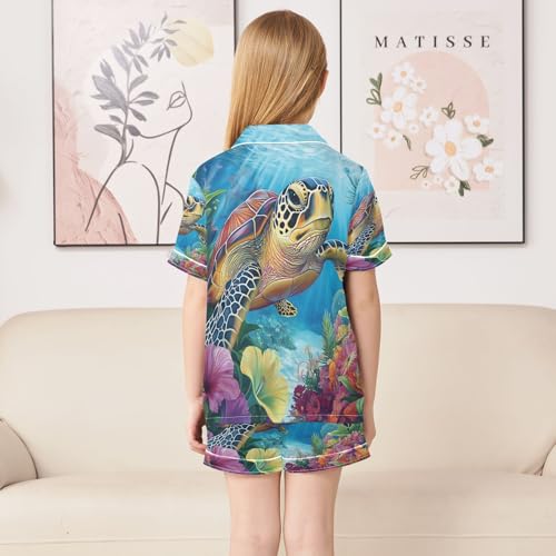 ALAZA Sea Turtle Flower Blossom Satin Pajamas Set Short Sleeve Button Down Sleepwear Summer Pjs 2 Piece4