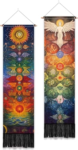 PLIGREAT Paquete de 2 tapices de chakras para colgar en la pared, para dormitorio, baño, sala de estar, dormitorio, largo y estrecho, para colgar en la pared del hogar, oficina, decoración artística