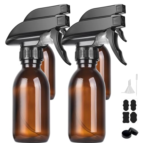 HAOERMEI Glass Spray Bottles 4 OZ - 4 Pack Small Spray Bottles, Mini Refillable Empty Bottle for Cleaning Solutions, Essential Oils, Plants, Hair Mister - with Labels &Funnel, Dropper