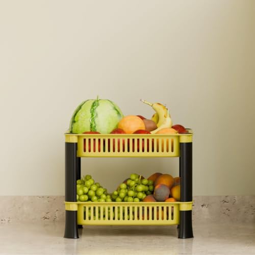 Image of Multipurpose Plastic Storage Rack for Kitchen | Foldable Vegetable & Fruit Organizer Stand for Onion, Potato, Sabji | Countertop Multi-Layer Basket Rack for Home, (Yellow, 2 layer)