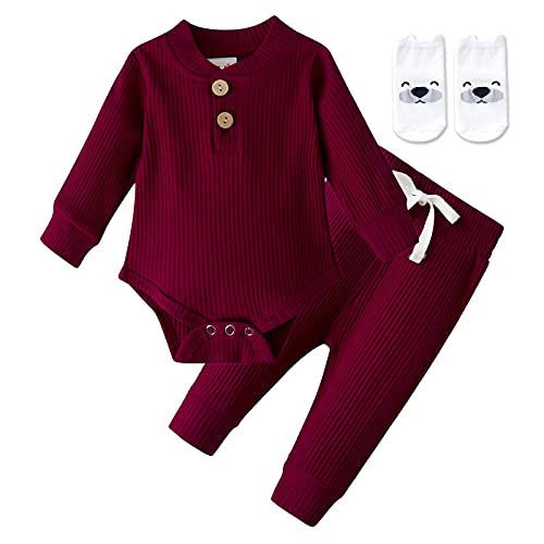 Image of keaiyouhuo Newborn Baby Boy Girl Clothes Ribbed Knitted Cotton Long Sleeve Romper Long Pants Solid Color Fall Winter Outfits