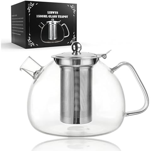 LIBWYS 1500ml(51oz) Glass Teapot, Teapot with Removable Infuser, Stovetop Safe Tea Pot made of Heat-resistant Borosilicate Glass, Blooming and Loose Leaf Tea Maker, Easy to Clean Cover