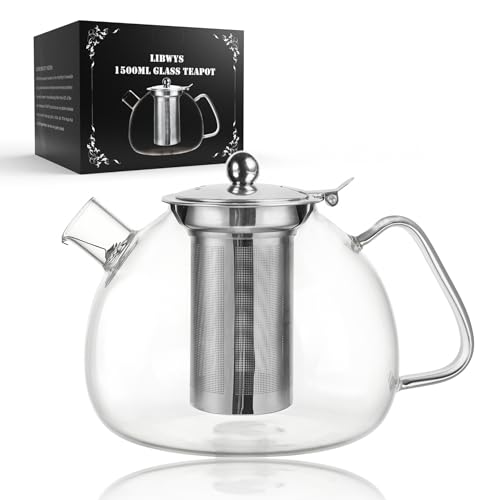 LIBWYS Teekanne 1500ml mit Abnehmbarem Siebeinsatz，Teekanne Glas aus Hitzebeständigem Borosilikatglas，Geeignet zum Aufbrühen von Tee, Blumentee, Kräutertee und Teebeuteln，Einfache Reinigung