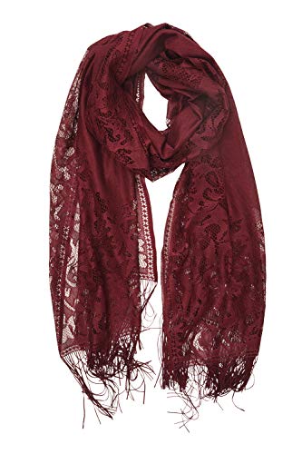 YOUR SMILE Ladies/Women's Lightweight Solid Color Fringe Lace Tassels Long Shawl Scarf For Spring Summer Fall, Burgundy, 25''x67''