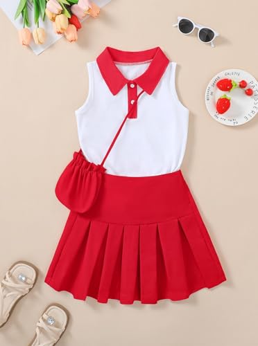 Image of Girls 2 Piece Outfit Preppy Strawberry Graphic Sleeveless Polo Shirt and Pleated Skirt Set with Crossbody Bag