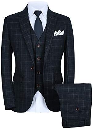 Mens One Button Slim Fit Plaid Suit Blazer+Vest+Pants US Size 32 (Lable L) Gray